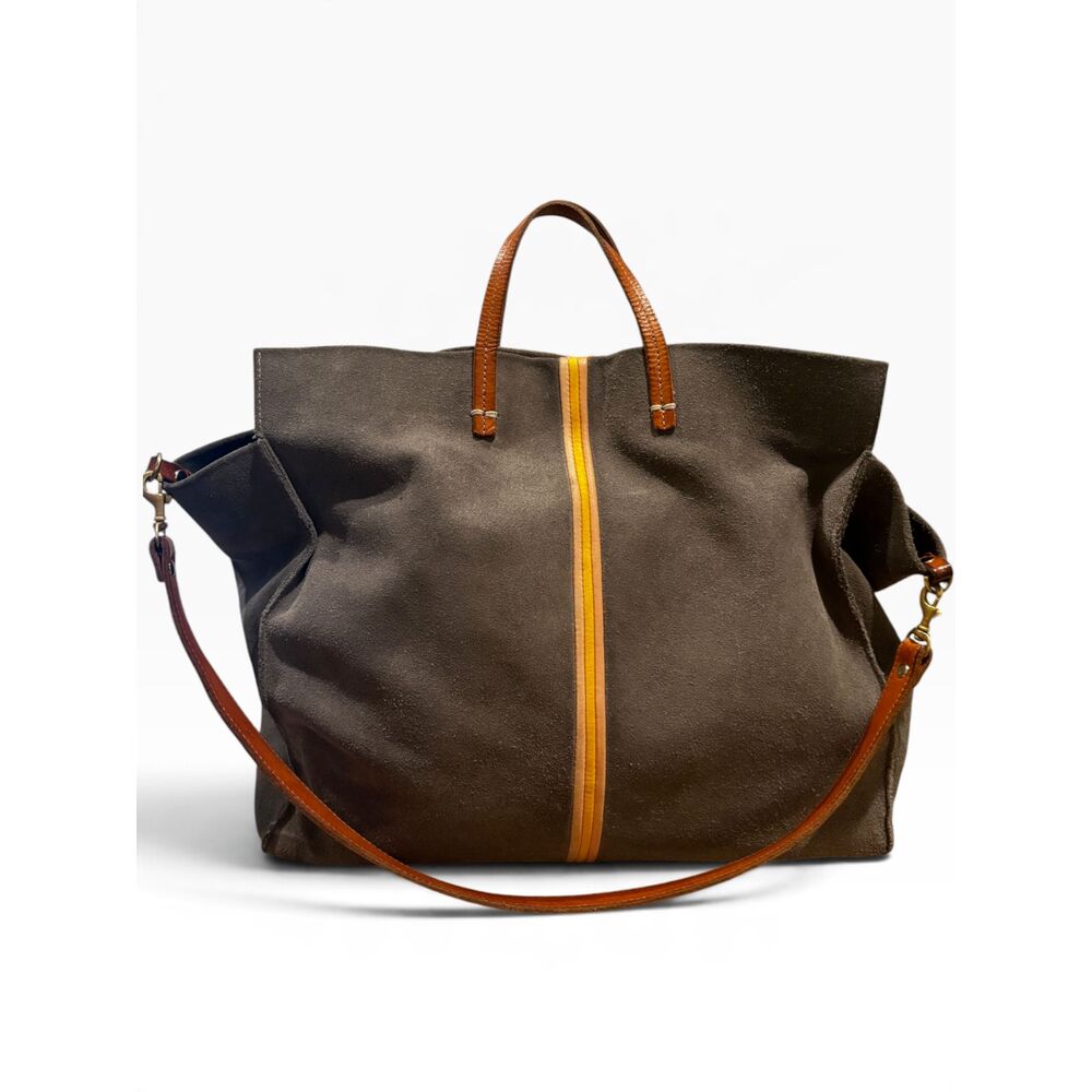 Clare V. Simple Tote Olive Suede Yellow Stripe Leather Handles Detachable Strap